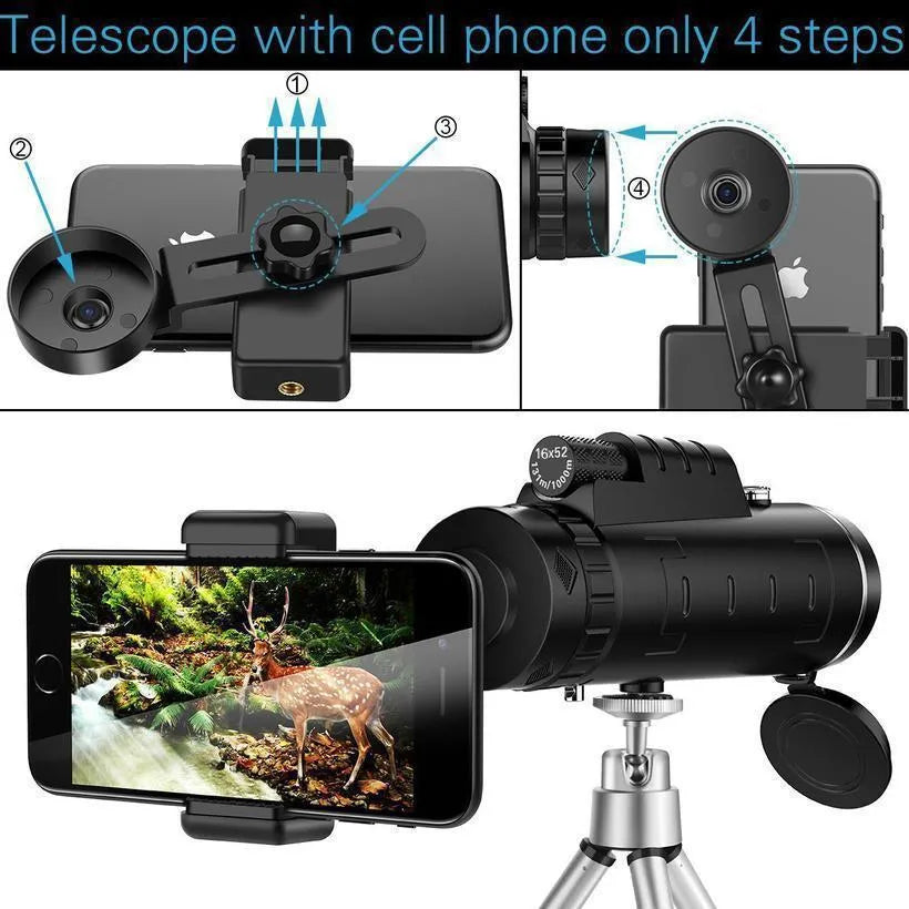 Compact Monocular Telescope with Compass & Tripod Clip