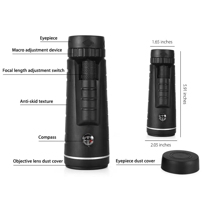 Compact Monocular Telescope with Compass & Tripod Clip